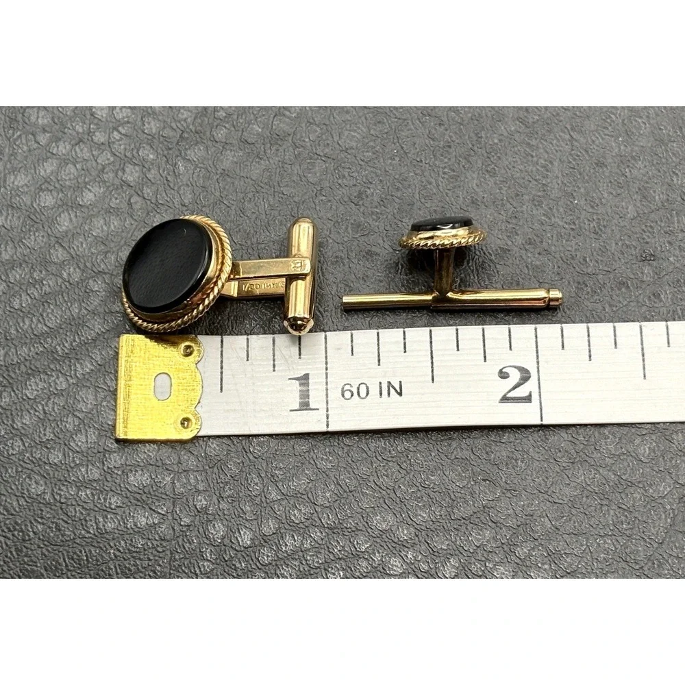 Vintage 14K Gold Filled Black Onyx Cufflinks Cuff Buttons Set 4pc